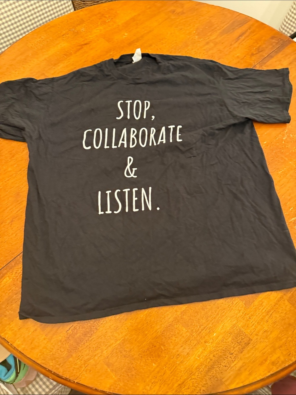Golden Goose Black Tee with White Text - Stop, Collaborate & Listen xxl